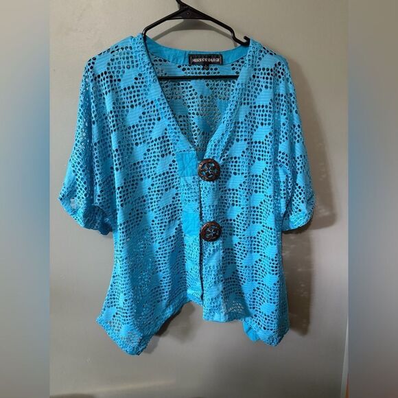 Mirror Image Vneck Mesh 3/4 Sleeve Cardigan Size L Aqua - Picture 2 of 7
